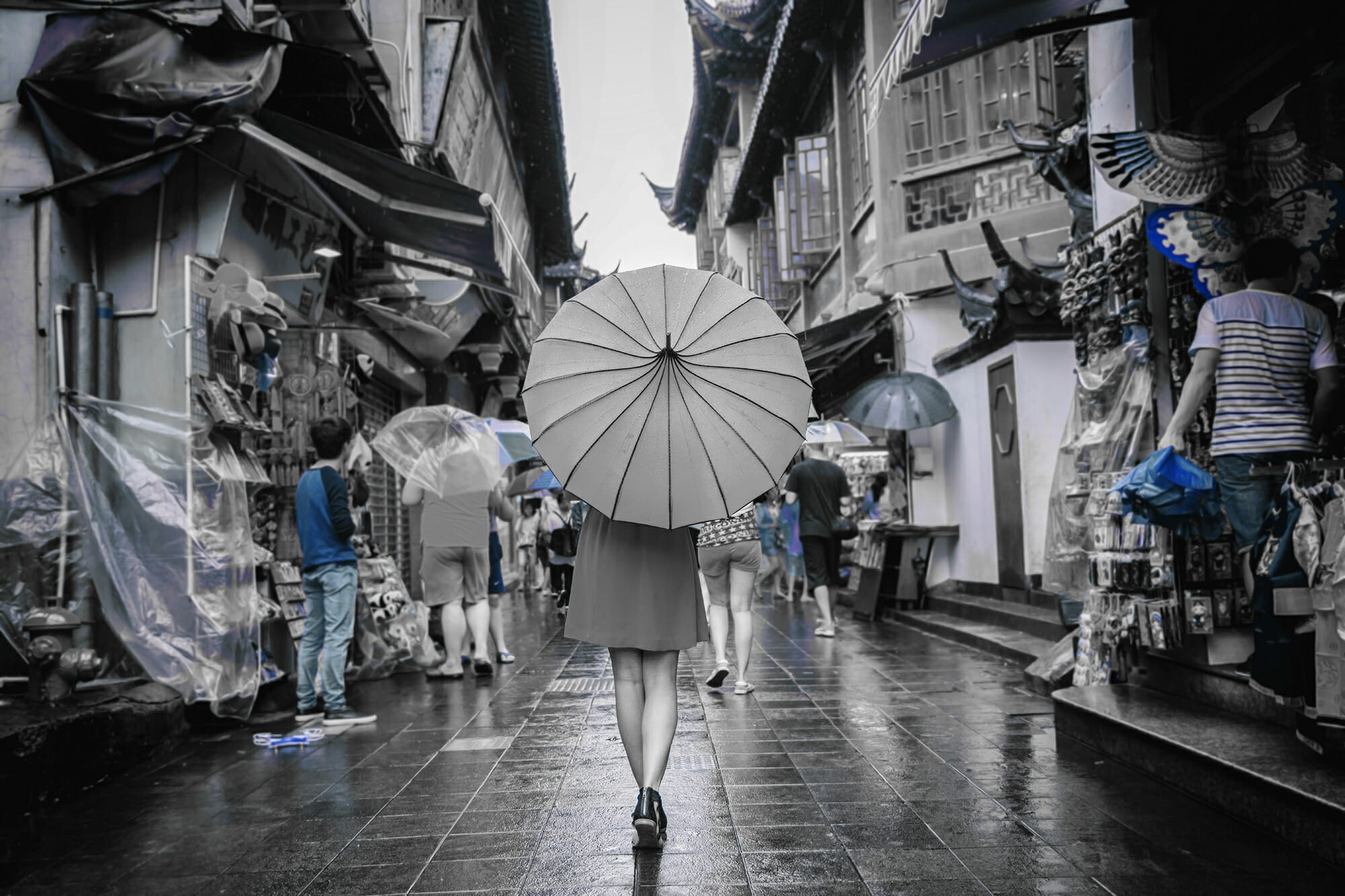 lady umbrella city market blue walking